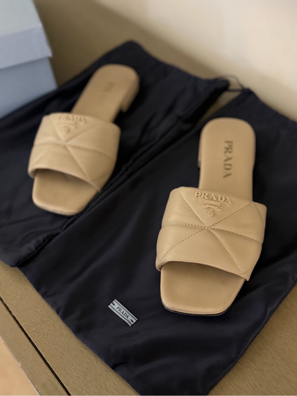 Prada Quilted Slide Sandals in Beige Leather